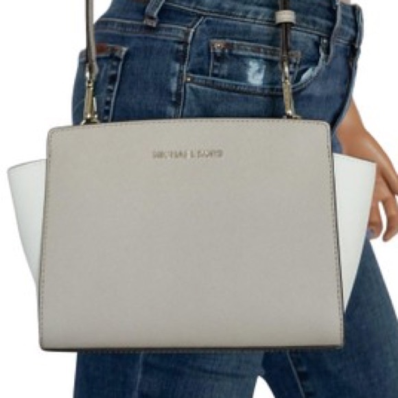 Michael Kors Selma MED Color-block White & Cement Saffiano Leather Messenger Bag - Picture 4 of 14